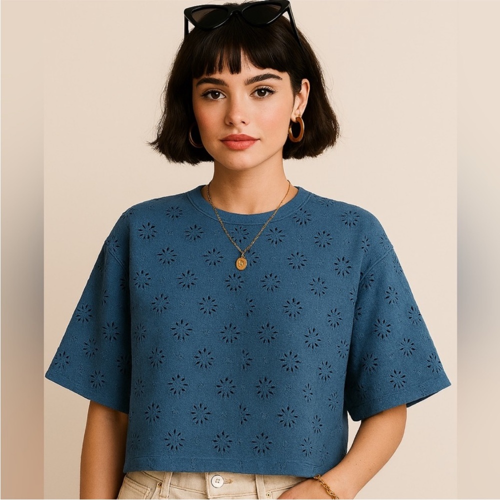 Madewell NWT Embroidered Wide Sleeve Boxy Tee Size XS in Sunfaded Blue
